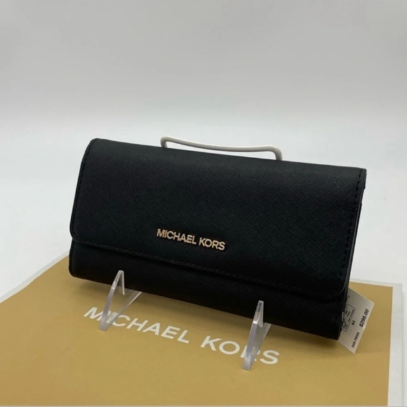 Michael Kors Large Trifold Wallet Black Leather Rich Black/Gold - Picture 3 of 8